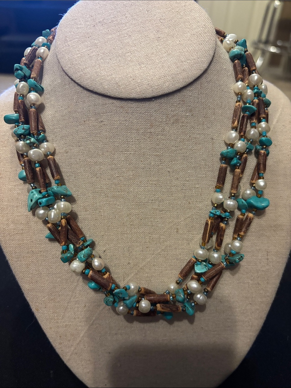 Multi-Strand Turquoise, Pearl & Wood bead Statement Necklace